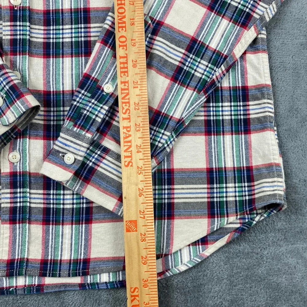 Lucky Brand Mens XL Shirt Cream Red Green Plaid Classic Fit Flannel Button Down